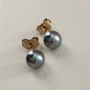 Majorica 8mm Grey Pearl 925 Sterling Silver Gold Plated Stud Earrings Vintage